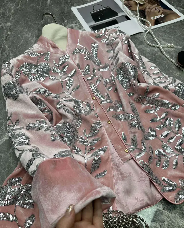 Velvet Heavy Industry Sequin Retro Elegant Elegant Stand Collar Coat Pink - Shop at LoveMi
