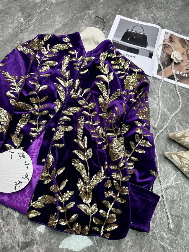 Velvet Heavy Industry Sequin Retro Elegant Elegant Stand Collar Coat Purple - Shop at LoveMi