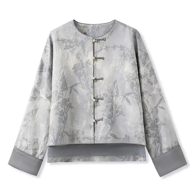 Traditional Printed Rayon Top Retro Design Baggy Coat Women's Clothing Gray - Shop at LoveMi