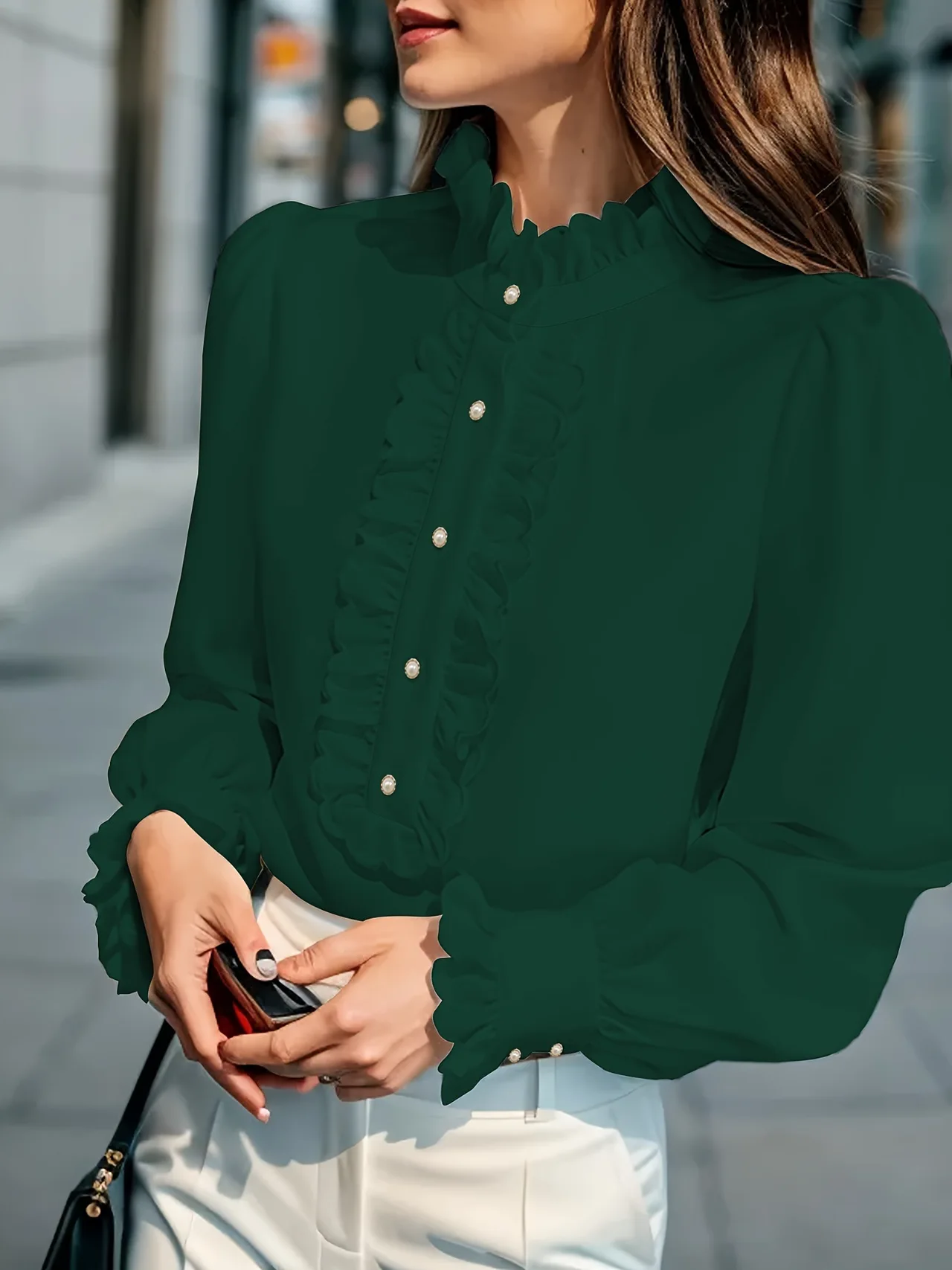 European And American Women's Clothing Shirt Ruffled All-match - Dark Green
