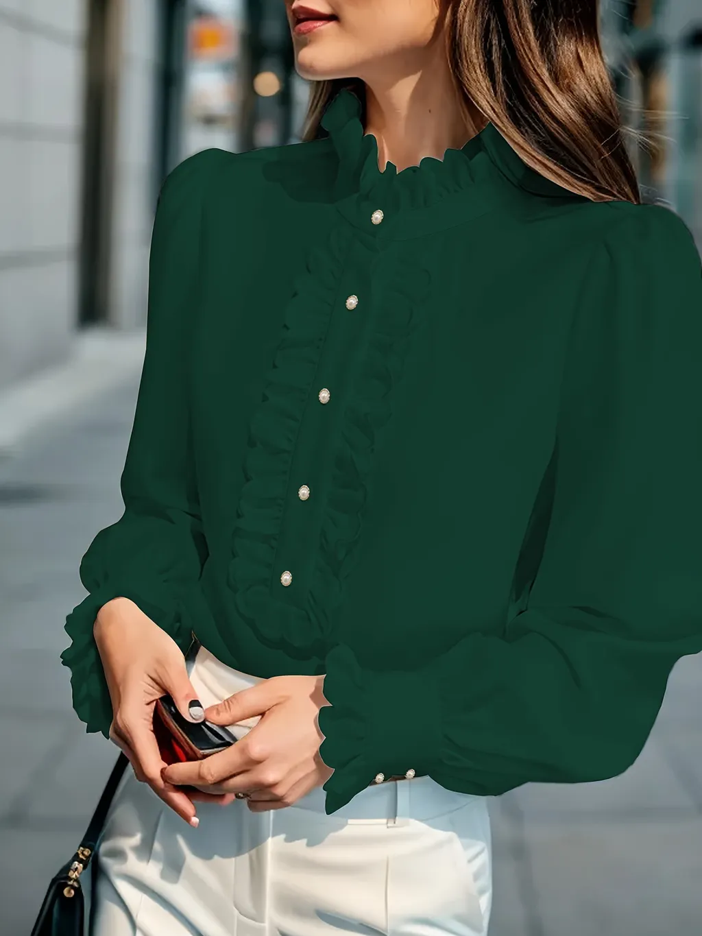 European And American Women's Clothing Shirt Ruffled All-match - Dark Green