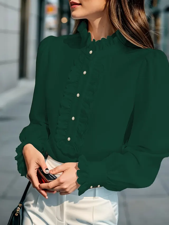 European And American Women's Clothing Shirt Ruffled All match Dark Green - Shop at LoveMi