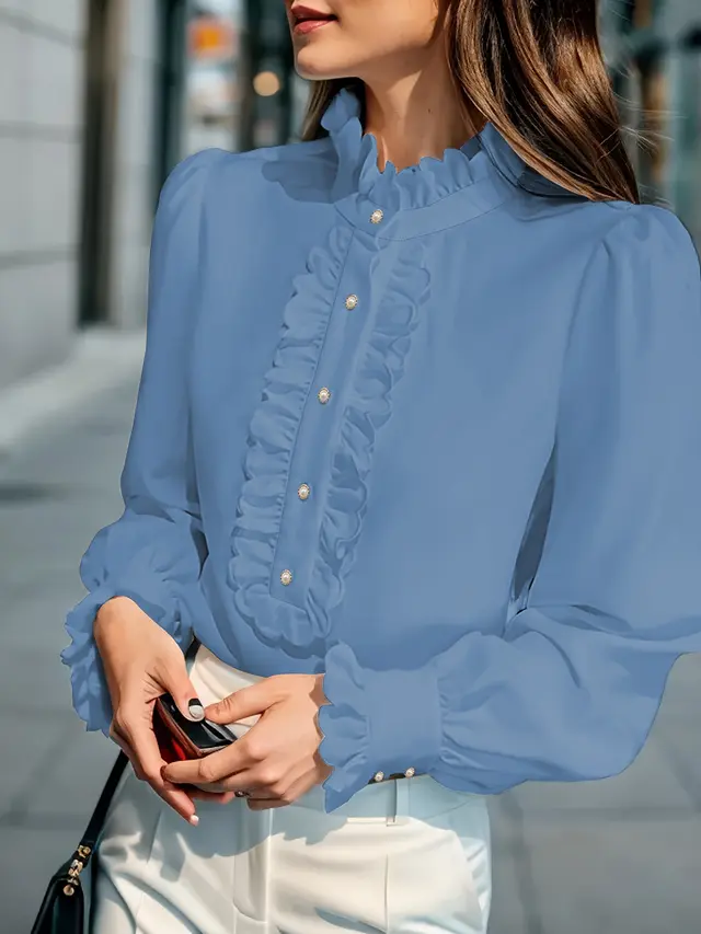 European And American Women's Clothing Shirt Ruffled All match Sky Blue - Shop at LoveMi