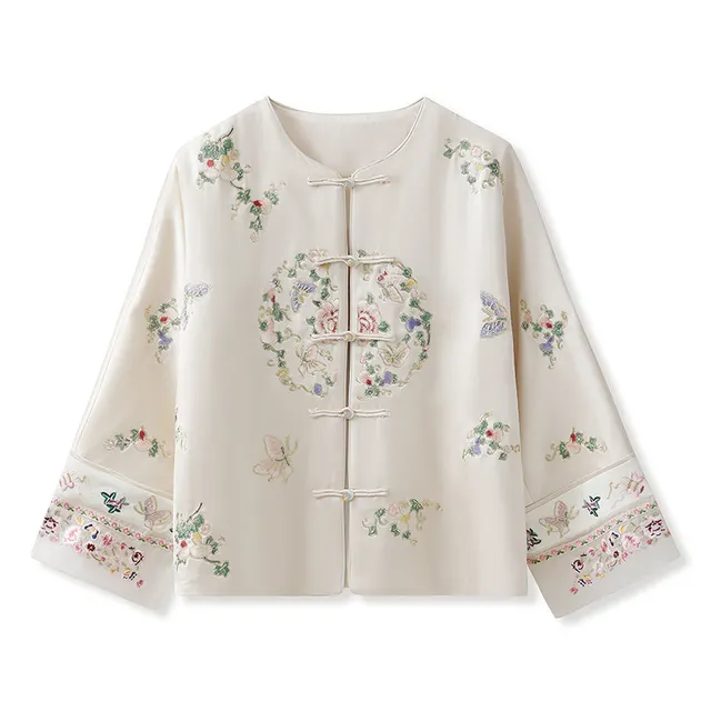 High grade National Style Acetate Coat Unique Printed Embroidered Long sleeved Top Apricot - Shop at LoveMi