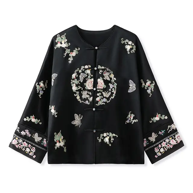 High grade National Style Acetate Coat Unique Printed Embroidered Long sleeved Top Black - Shop at LoveMi