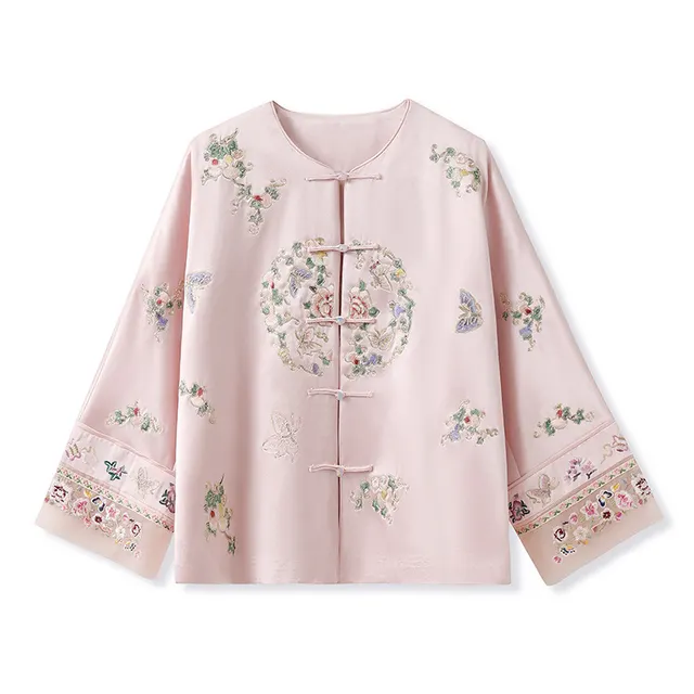 High grade National Style Acetate Coat Unique Printed Embroidered Long sleeved Top Pink - Shop at LoveMi