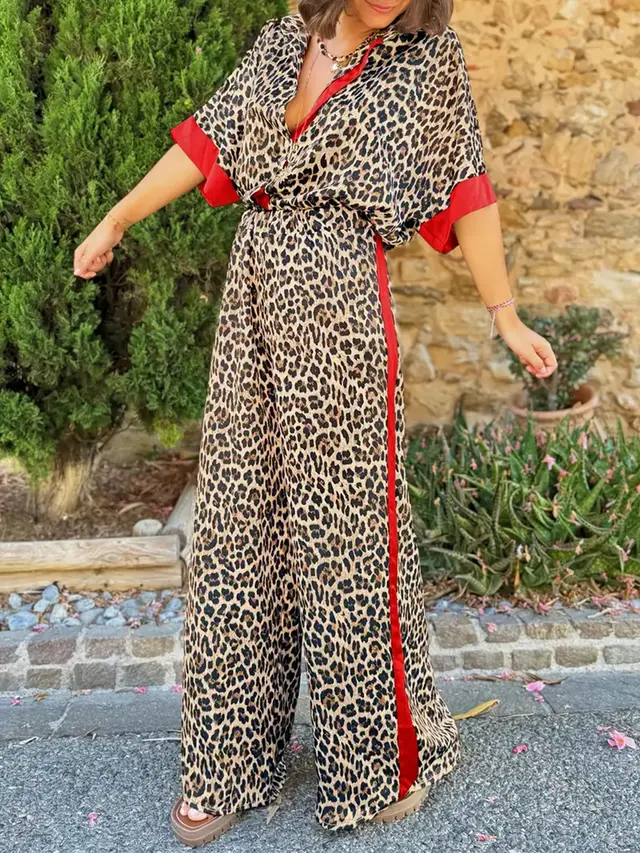 Fashion Leopard Print Half Sleeve Versatile Two piece Set Suit Leopard Print - Shop at LoveMi
