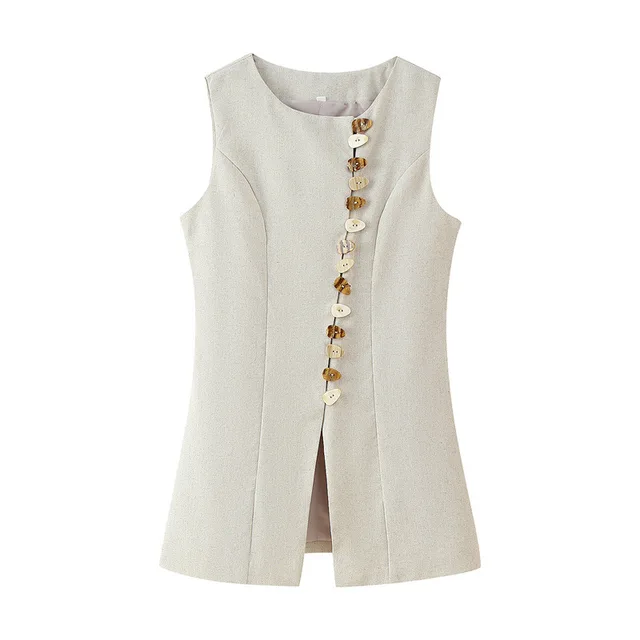 Round Neck Multi breasted Vest Top Pocket Decoration High Waist Skirt Top - Shop at LoveMi