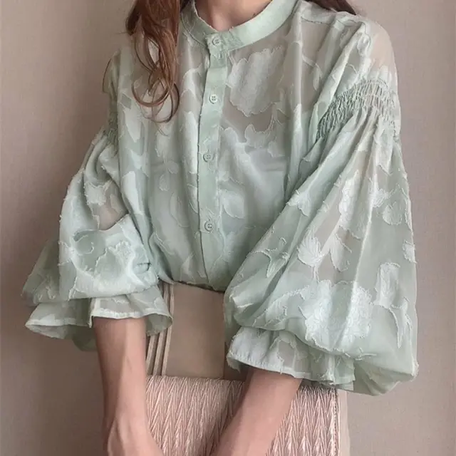 Summer Flower Jacquard Lantern Sleeve Transparent Blouse Light Green - Shop at LoveMi