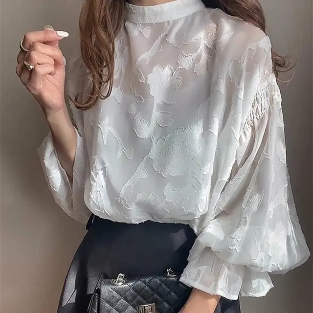 Summer Flower Jacquard Lantern Sleeve Transparent Blouse White - Shop at LoveMi