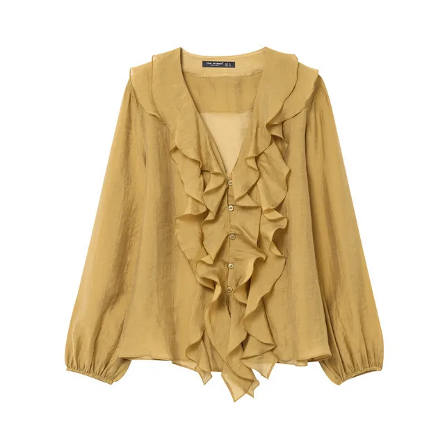 V neck Laminated Ruffled Long Sleeve Casual Shirt Apricot - Shop at LoveMi