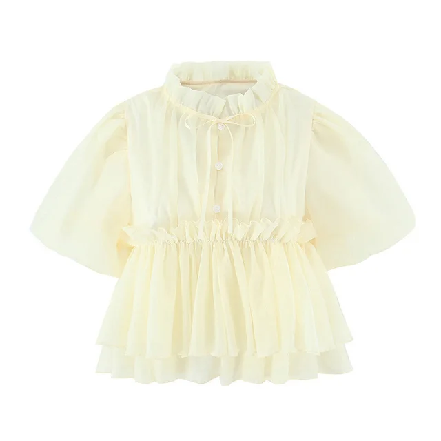 Fashionable All match Puffed Sleeves Lace up Short sleeved Doll Shirt Yellow - Shop at LoveMi