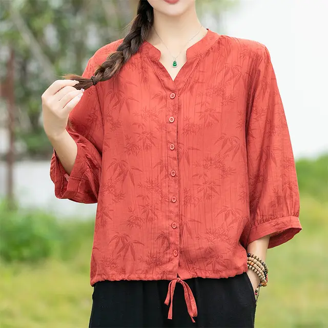 Multi Color V neck Pleated Loose Short Sleeve Shirt Orange Red - Shop at LoveMi