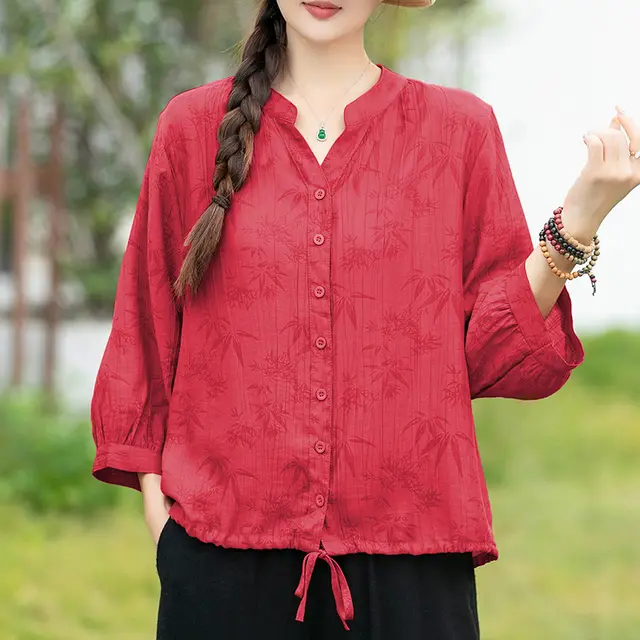 Multi Color V neck Pleated Loose Short Sleeve Shirt Red - Shop at LoveMi
