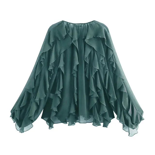 Women's Laminated Fashion V neck Long Sleeve Shirt Dark Green - Shop at LoveMi