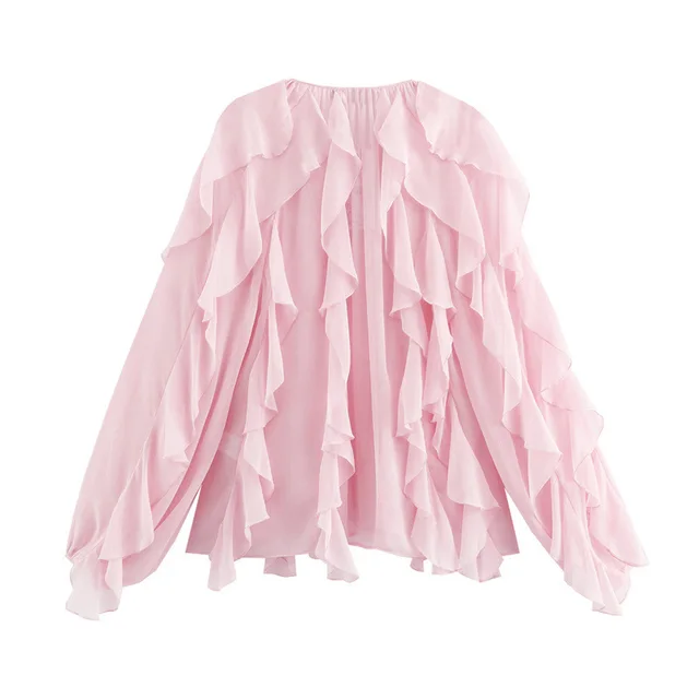 Women's Laminated Fashion V neck Long Sleeve Shirt Pink - Shop at LoveMi