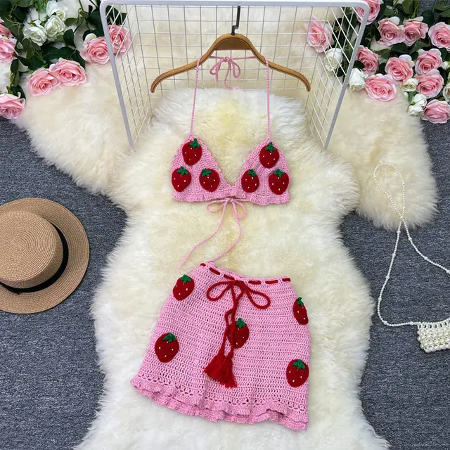 Vacation Style Sweet Knitted Strawberry Sling Tube Top Short Vest Hip Skirt Pink - Shop at LoveMi
