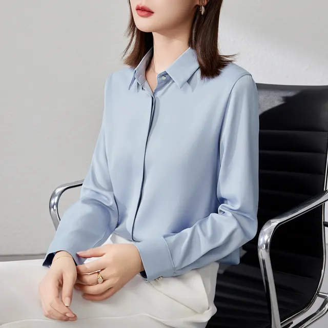 Graceful Satin Top OL Business Clothing Shirt For Women Blue - Shop at LoveMi