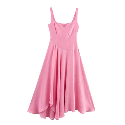 Irregular Texture Temperament Camisole Long Dress Pink - Shop at LoveMi