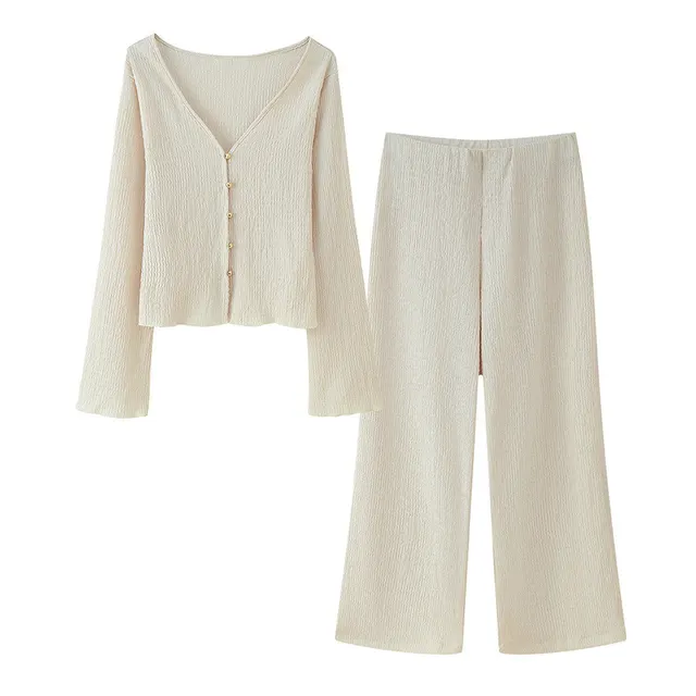 Texture Sense V neck Long Sleeve Top Baggy Straight Trousers Suit White Suit - Shop at LoveMi