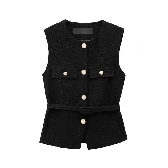 Metal Clasp With Belt Punk Texture Crew Neck Vest Black - Shop at LoveMi
