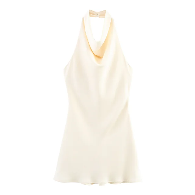 Silk Satin Hanging Collar Spaghetti Straps Sleeveless Dress Apricot - Shop at LoveMi