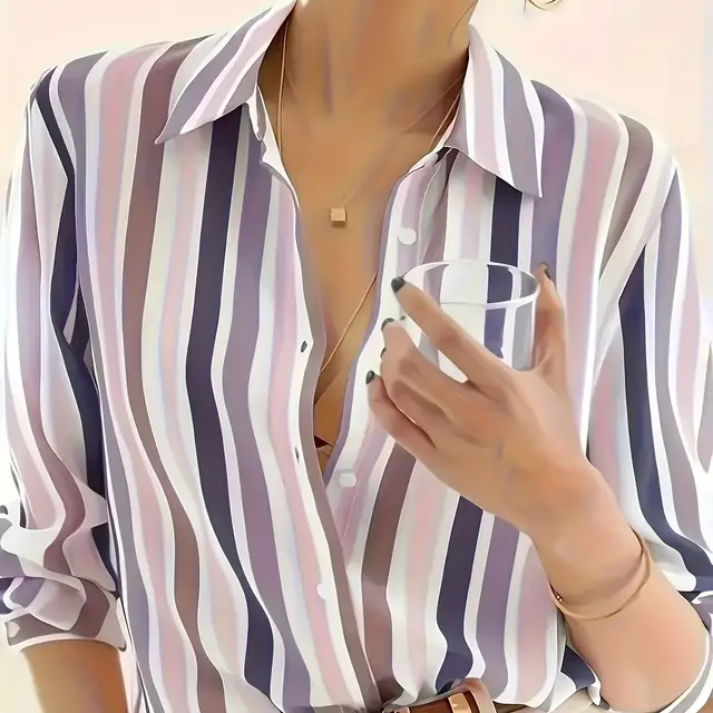 Color Blocking Temperament Striped Shirt For Women Purple - Shop at LoveMi