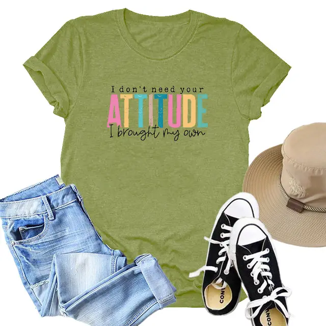 Colored Cotton T shirt Women's Short Sleeve Letters Olive Green - Shop at LoveMi
