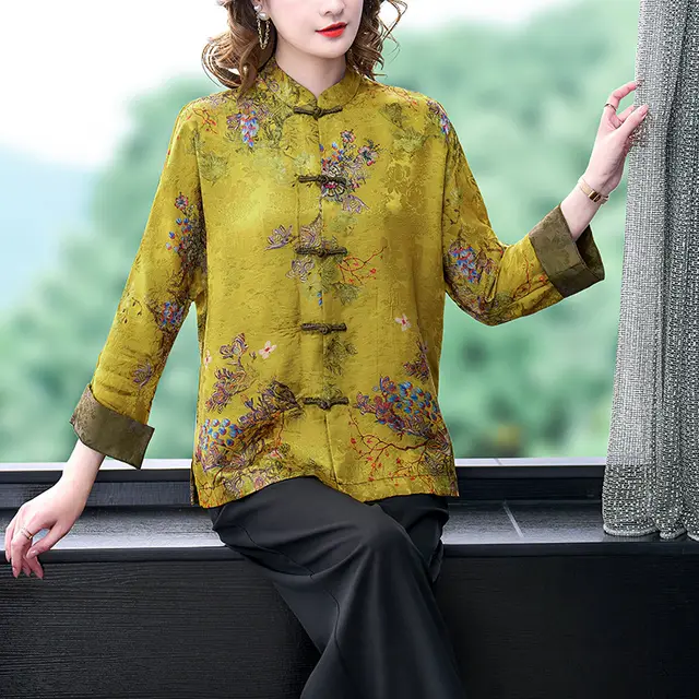 Jacquard Retro Knots Mom Wear Tang Suit Upper Clothes Golden Brown Top - Shop at LoveMi