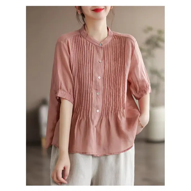 Middle aged Artistic Retro Women's Cotton And Linen Short sleeved Shirt Orange - Shop at LoveMi