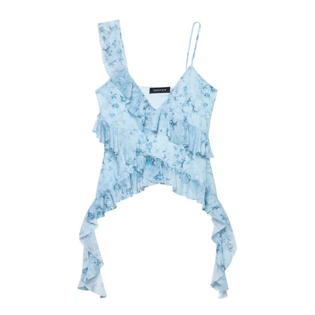 Ruffled Irregular Pure Wind Sleeveless Sexy Top Blue - Shop at LoveMi