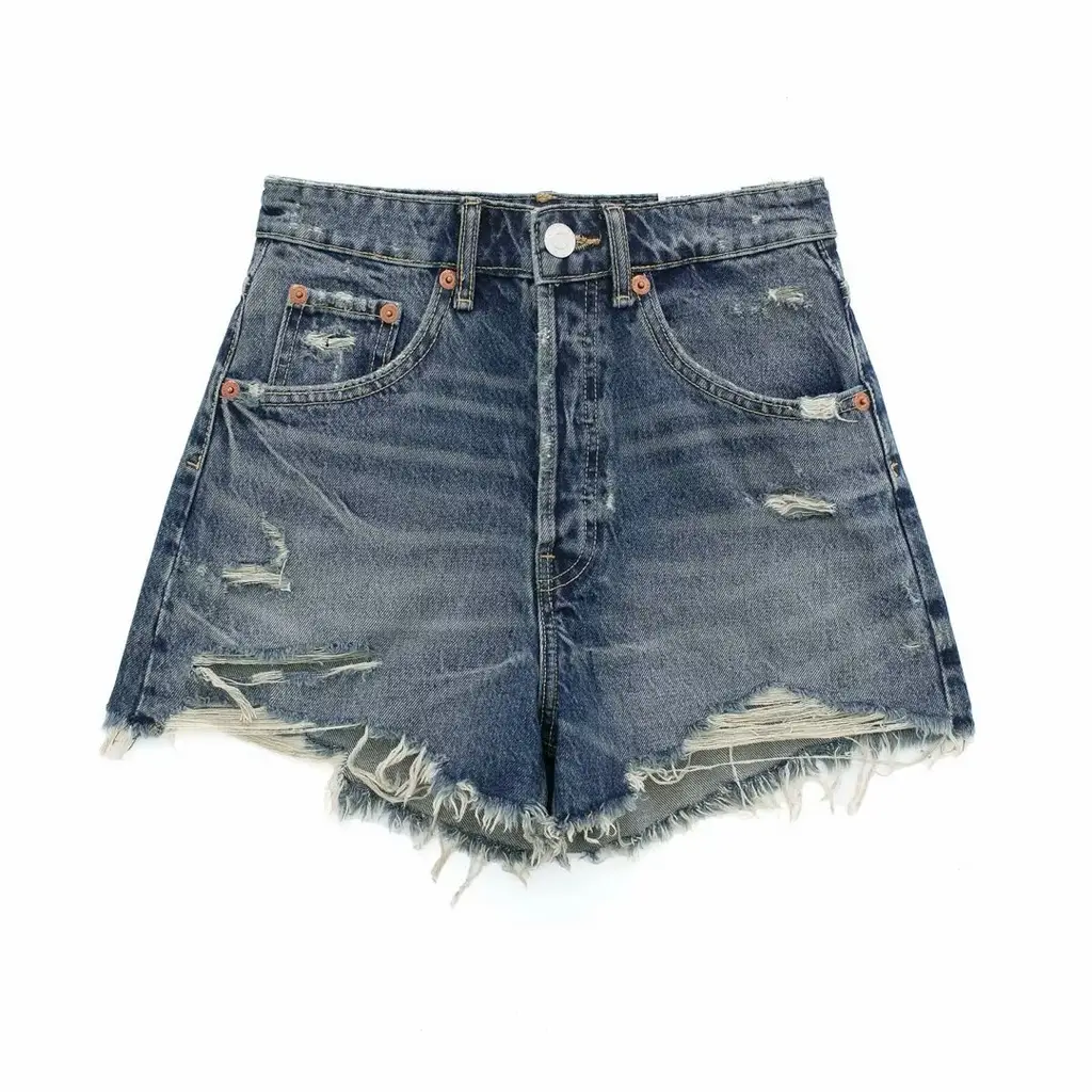 Perforated High Waist Denim Shorts