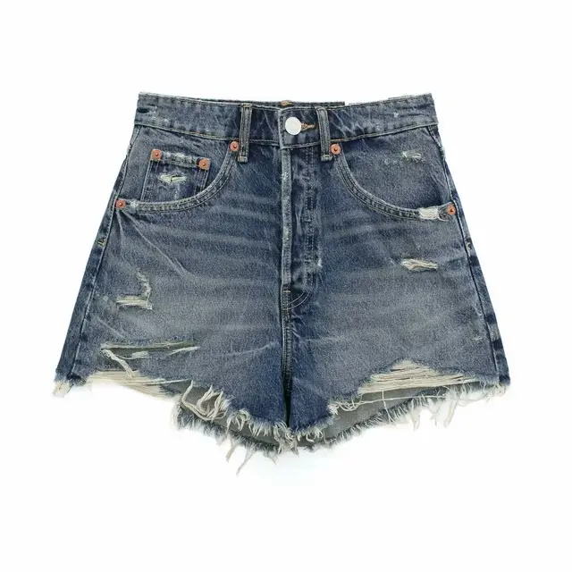 Perforated High Waist Denim Shorts Dark Blue - Shop at LoveMi