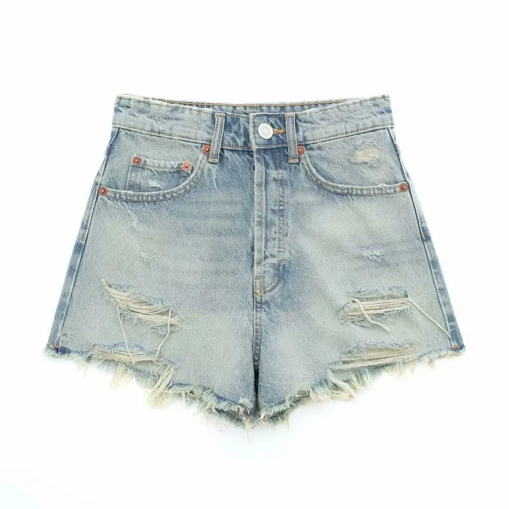 Perforated Hole Decoration High Waist Denim Shorts - Light Blue