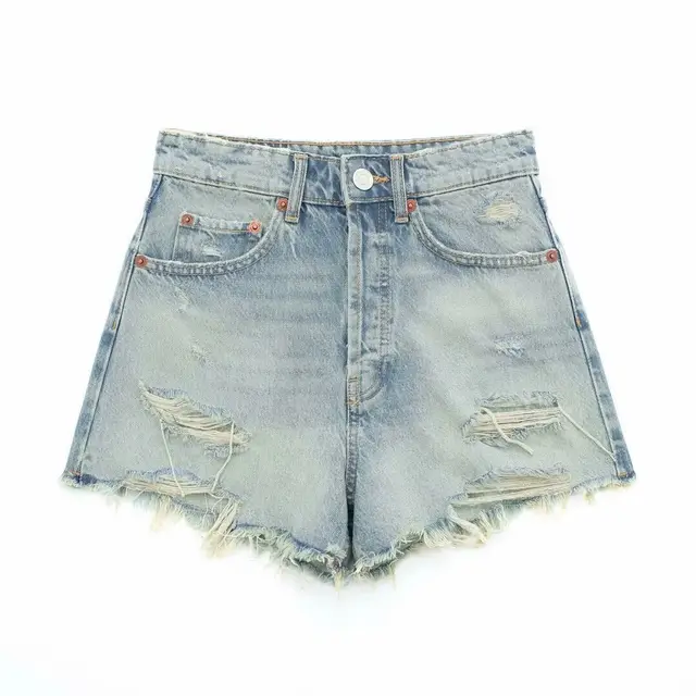 Perforated Hole Decoration High Waist Denim Shorts Light Blue - Shop at LoveMi