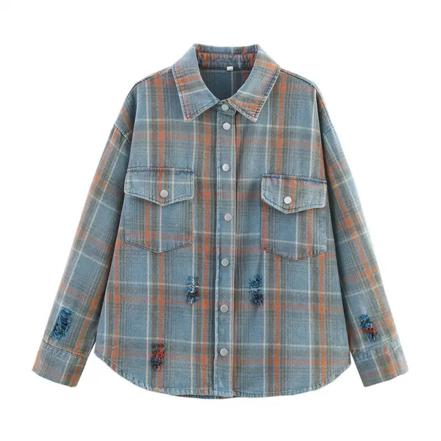 Washed Hand Frayed Blue Plaid Shirt Coat - Shop at LoveMi