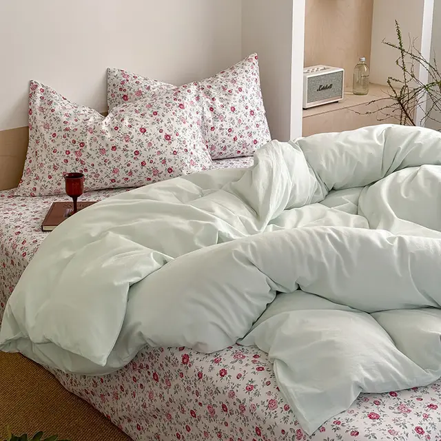 Washed Cotton Contrast Color Bed Floating Iceland Simple Style Four piece Set Peter Garden - Shop at LoveMi