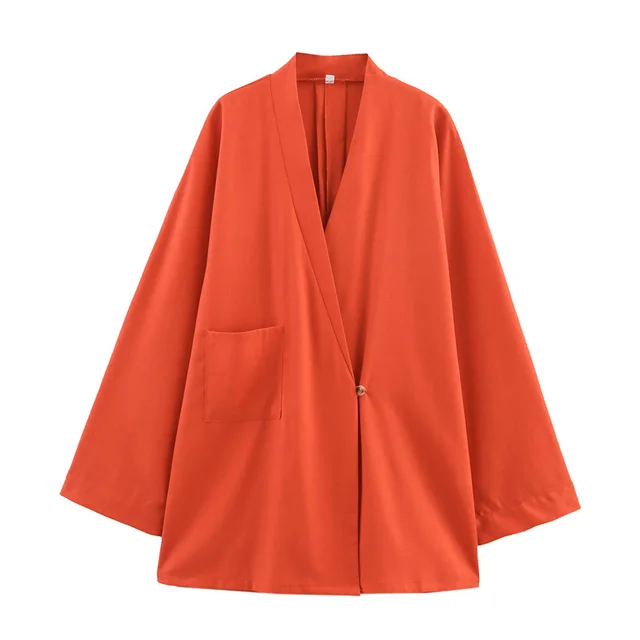 Two color V neck Single Button Coat Waist Wide Leg Trousers Two piece Suit Orange - Shop at LoveMi