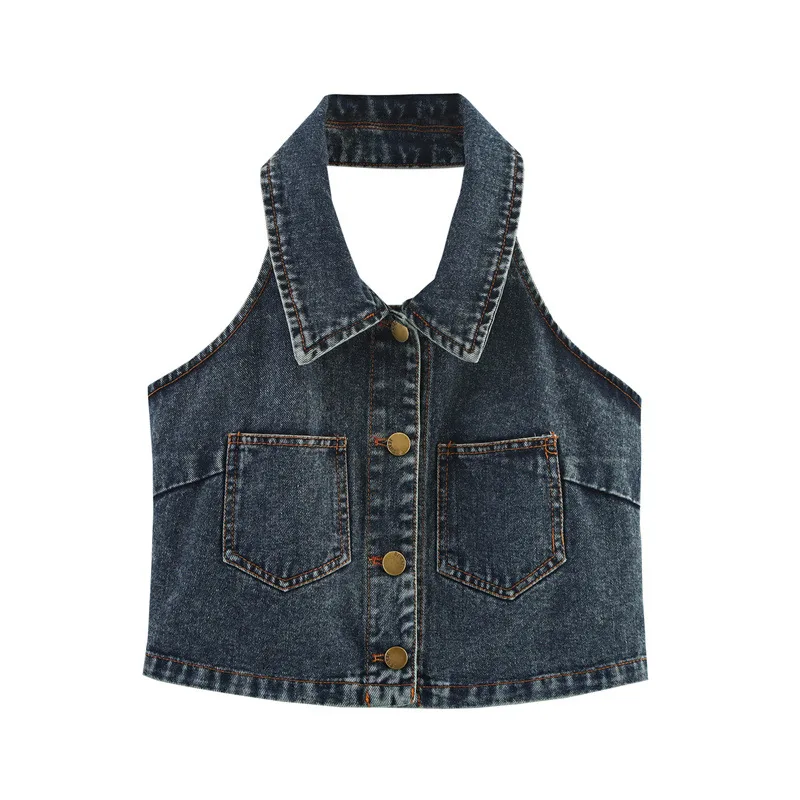 Sexy Big Backless Lapel Halter Denim Camisole - View 1