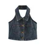 Sexy Big Backless Lapel Halter Denim Camisole