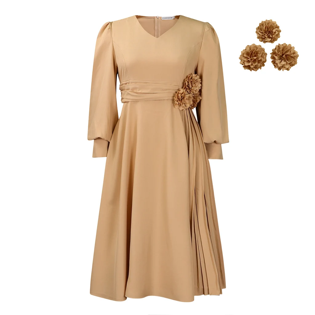 Women's Fashionable Elegant Solid Color A- Line Plus Size Dress - Khaki
