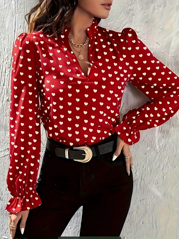 Women's Stand Collar Heart Shape Printed Shirt - Red - View 1