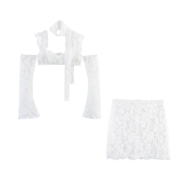 Lace Flower Sexy Little Suspenders Split Skirt Two piece Suit White Suit - Shop at LoveMi