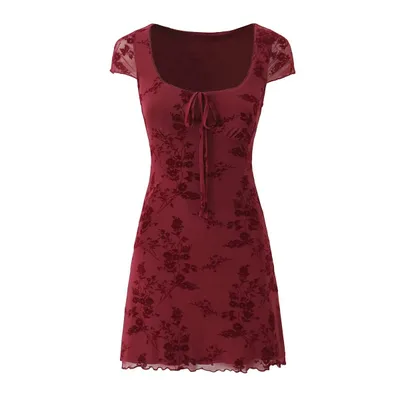 Women's Floral Flocking Lace up Short Sleeve Dress Picture Color - Shop at LoveMi