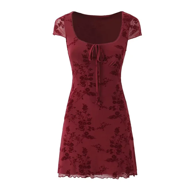 Women's Floral Flocking Lace up Short Sleeve Dress - Shop at LoveMi