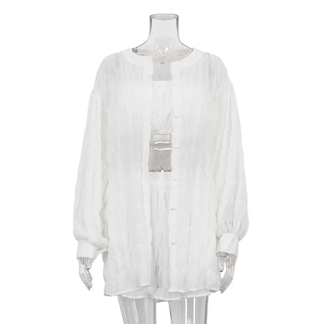 Long Sleeve White Shirt Loose Tube Top High Waist Shorts Three piece Set White - Shop at LoveMi