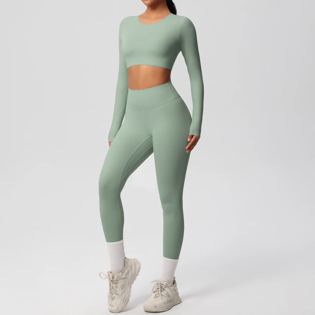 Solid Color Double-sided Nylon Brushed Nude Feel Tight Exercise Yoga Clothes Suit - Basil Green