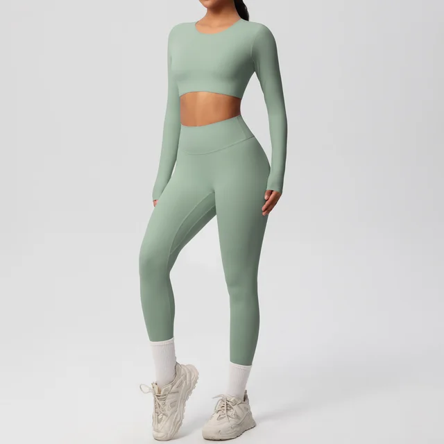 Solid Color Double sided Nylon Brushed Nude Feel Tight Exercise Yoga Clothes Suit Basil Green - Shop at LoveMi