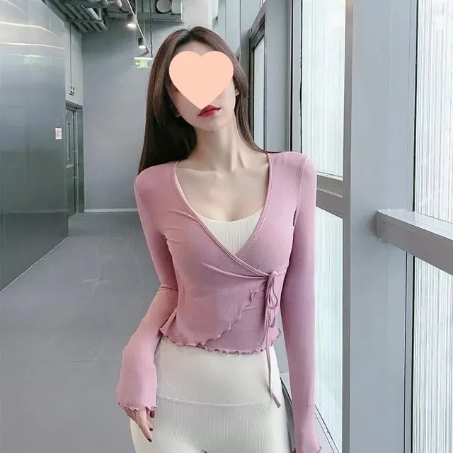 Sports Long Sleeve Women's Fashion Collar Slim Fit Tied Slimming Top Pink - Shop at LoveMi