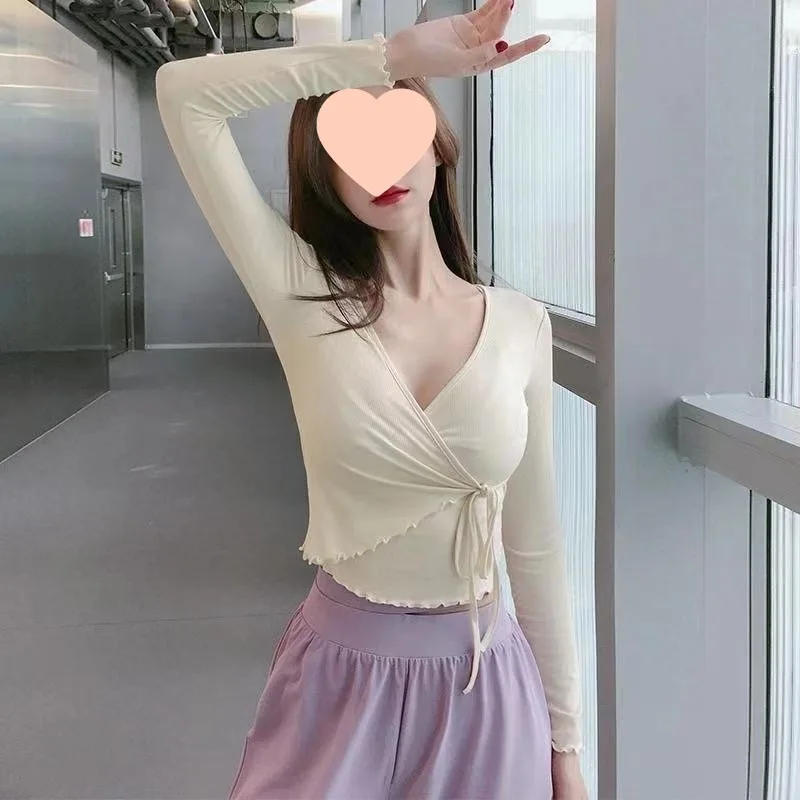 Sports Long Sleeve Women's Fashion Collar Slim Fit Tied Slimming Top - White - View 1